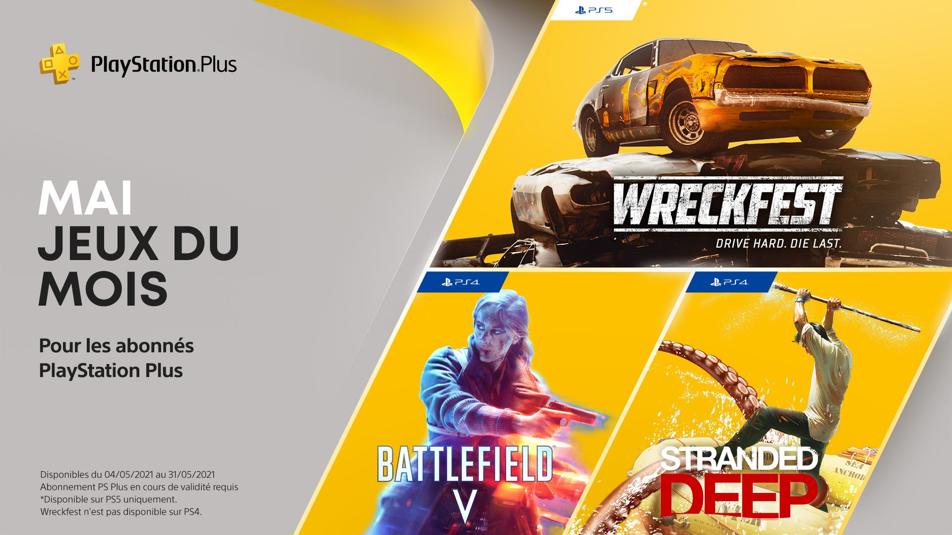Les jeux PlayStation Plus du mois de mai : Battlefield V, Stranded Deep, Wreckfest: Drive Hard. Die Last.