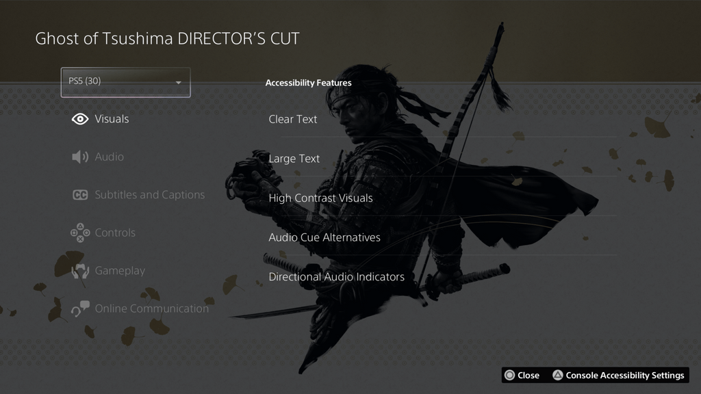 Capture d'écran montrant les balises d'accessibilité dans le portail du jeu Ghost of Tsushima Director's Cut sur PS5.