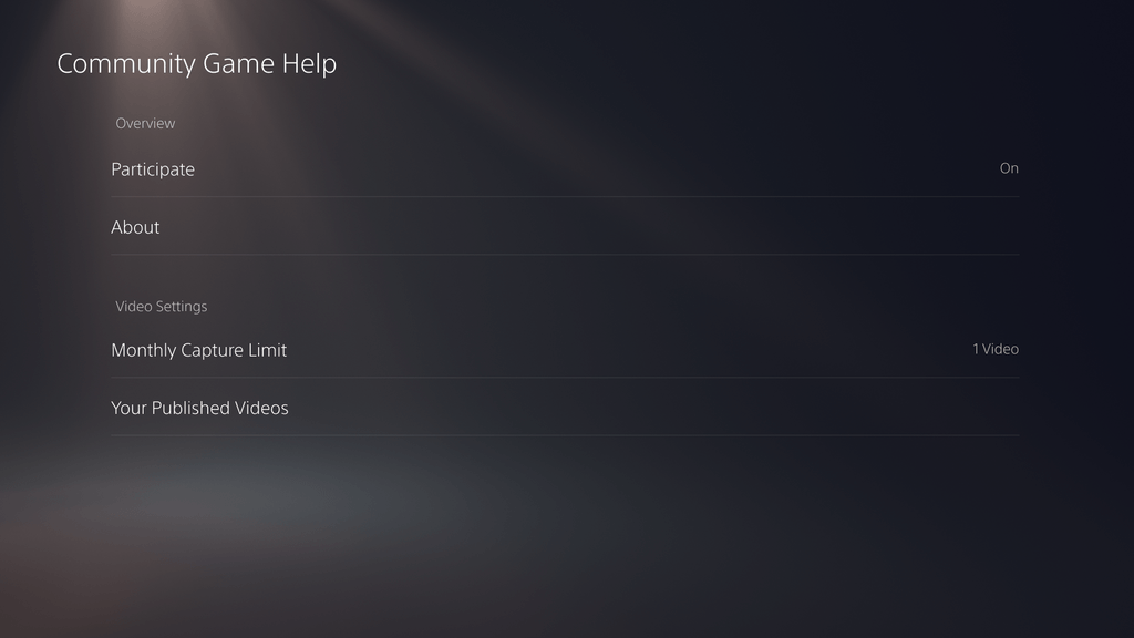 Capture d'écran de l'interface de la PS5 indiquant les options de paramétrage de l'Aide au jeu communautaire