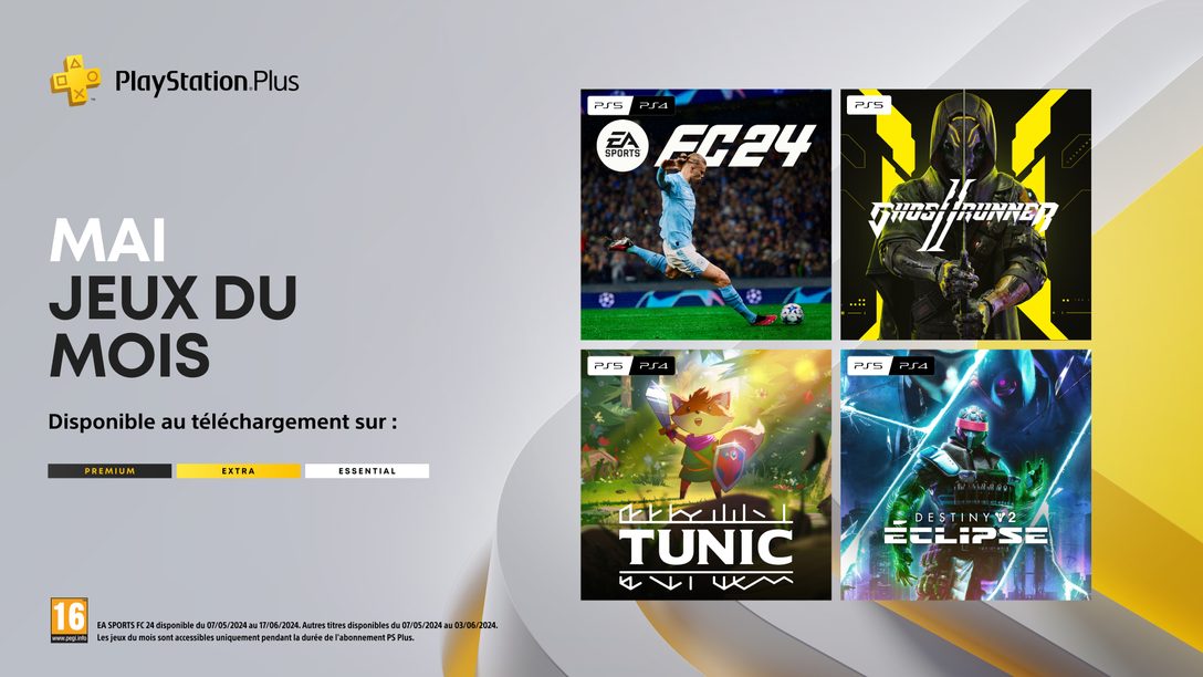 Les jeux du mois PlayStation Plus de mai     : EA Sports FC 24, Ghostrunner 2, Tunic, Destiny 2 : Éclipse 