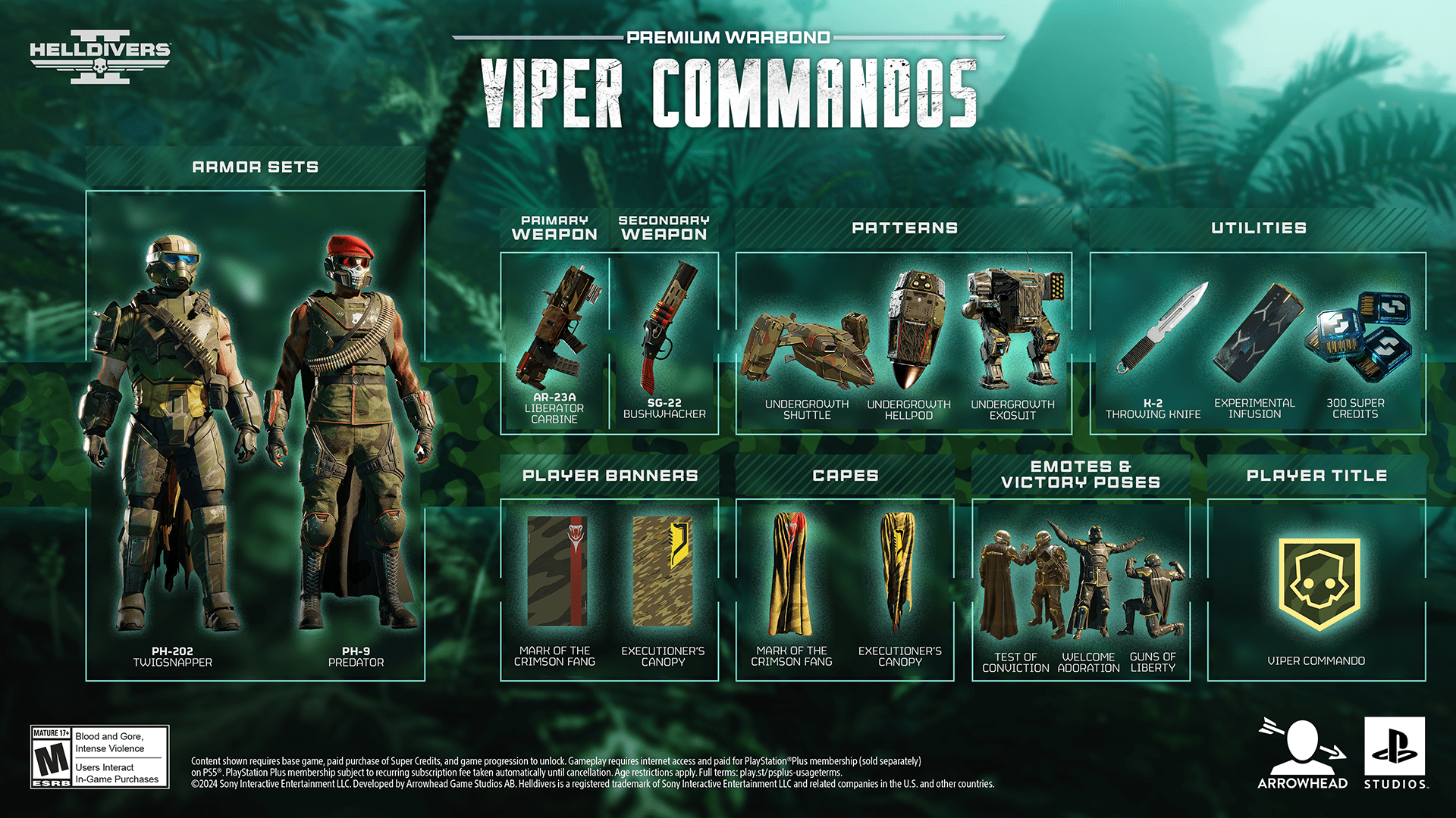 Cette image montre ce que contient le Viper Commandos Premium Warbond :

Armor Sets

PH-202
TWIGSNAPPER
PH-9
PREADATOR

Weapons

Primary: AR-23A
CARABINE
secondary: SG-22
BUSHWACKER

Patterns

Viper Shuttle
Viper Hellpod
Viper Combat Walker

Utilities

K-2 THROWING KNIFE
EXPERIMENTAL INFUSION
300 SUPER CREDITS

Player Banners 

MARK OF THE CRIMSON FANG
EXECUTIONERS CANOPY

Capes

MARK OF THE CRIMSON FANG
EXECUTIONERS CANOPY

Emotes Victory Poses 

TEST OF CONVICTION 
WELCOME ADORATION
GUNS OF LIBERTY

Player Title

VIPER COMMANDO