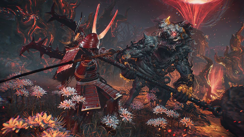 Un samouraï en armure rouge fait face à un énorme Yokai.