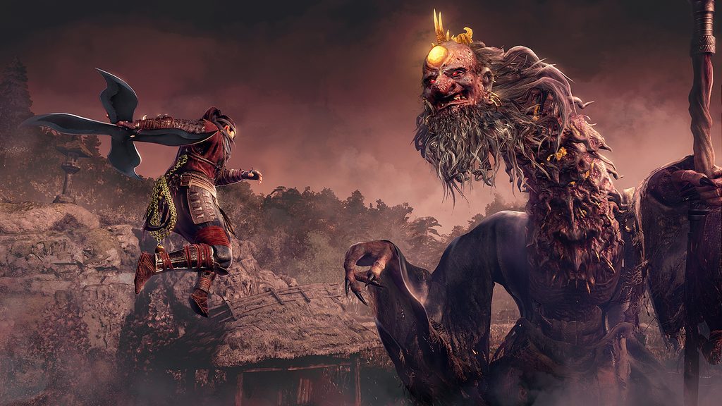 Un ninja saute dans les airs vers un gigantesque Yokai vêtu d'une robe, dont la tête se tient au bout d’un long cou.