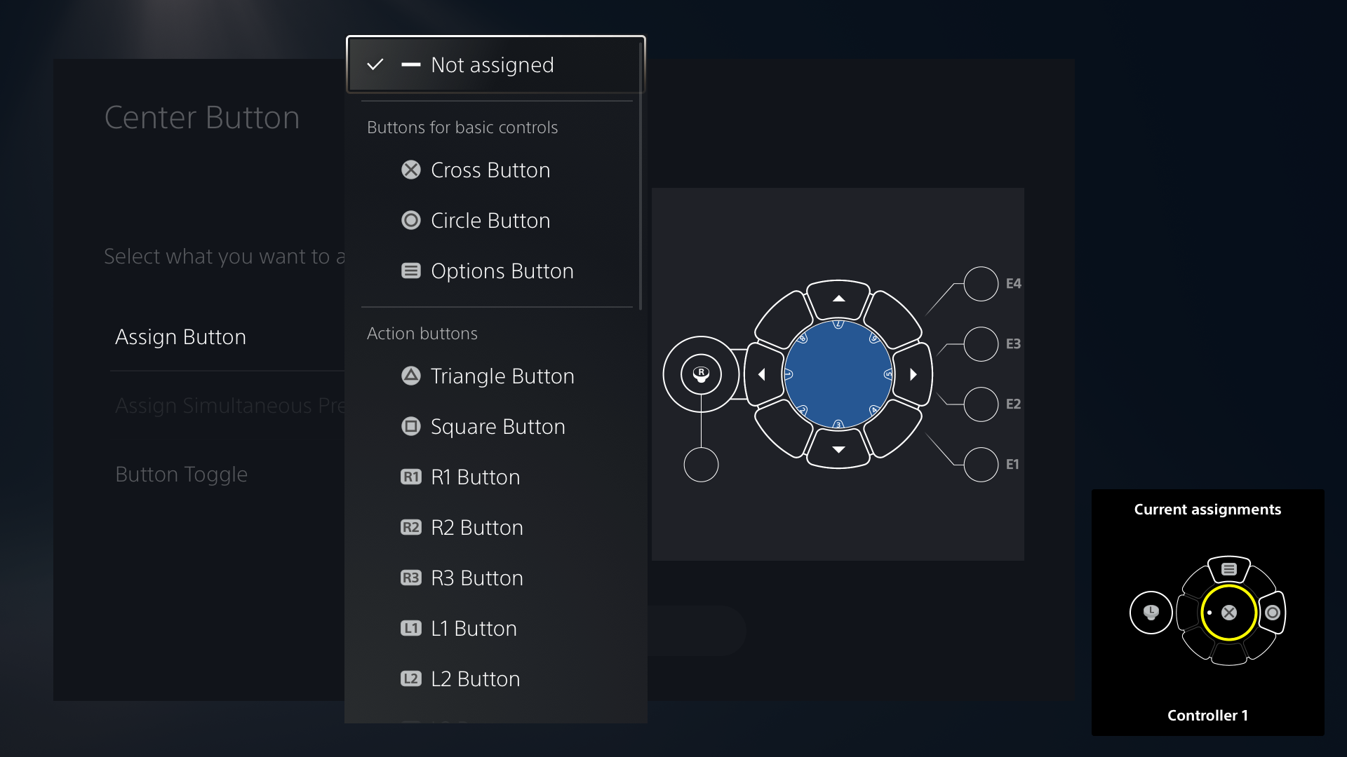 "Image de l'interface utilisateur de la manette Access présentant différents choix d'attribution des touches"